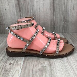 Steve Madden Sandals Womens 8.5M Travel Tan Studded Buckle Strap Flat Shoes